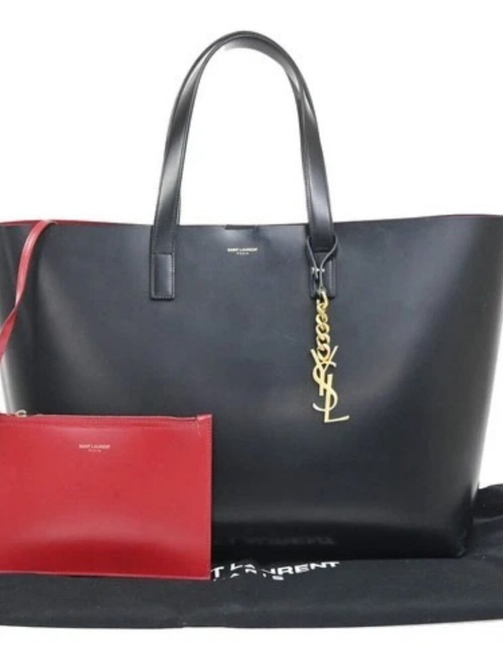 SAINT LAURENT Shoulder Hand Tote Bag Pouch Leather Black GHW Italy 95RL924 - Picture 1 of 15